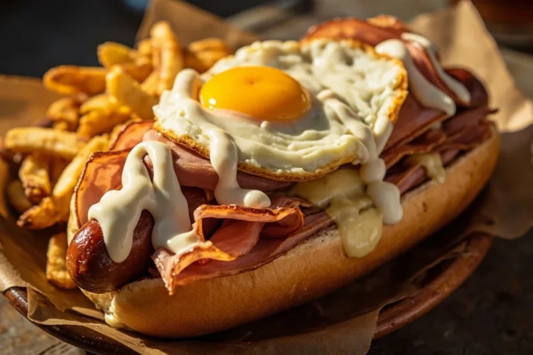 Uruguayan hot dog and crispy potato platter