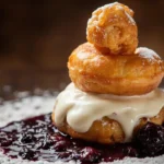 Romanian fried cheese doughnuts (papanasi) with sour cream and jam