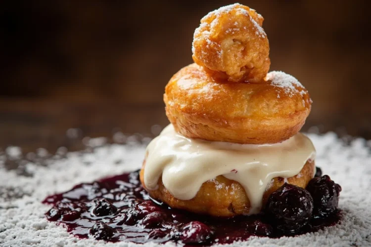 Romanian fried cheese doughnuts (papanasi) with sour cream and jam