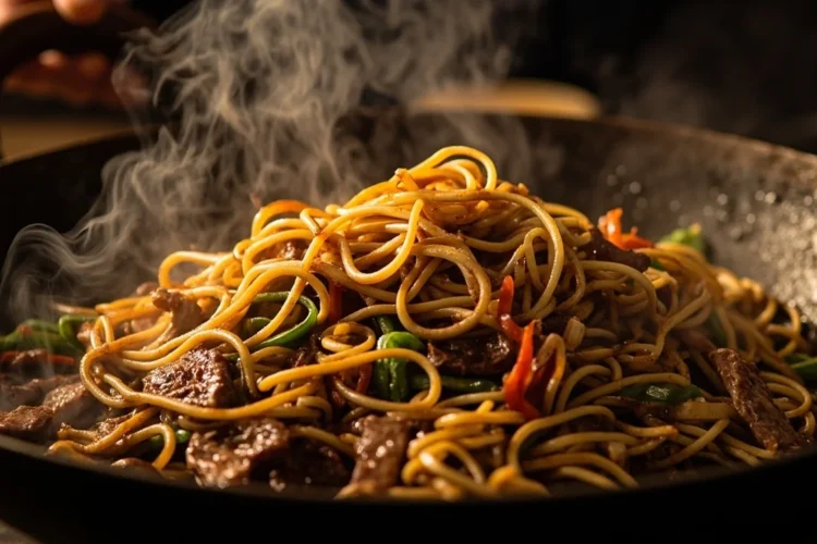 Mongolian Hand-Rolled Noodle Stir-Fry with Lamb and Vegetables
