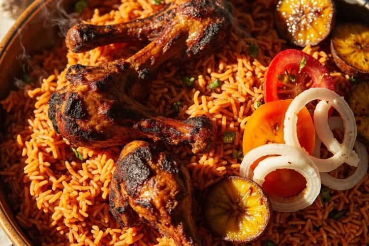 Party-style jollof rice with grilled chicken and plantain