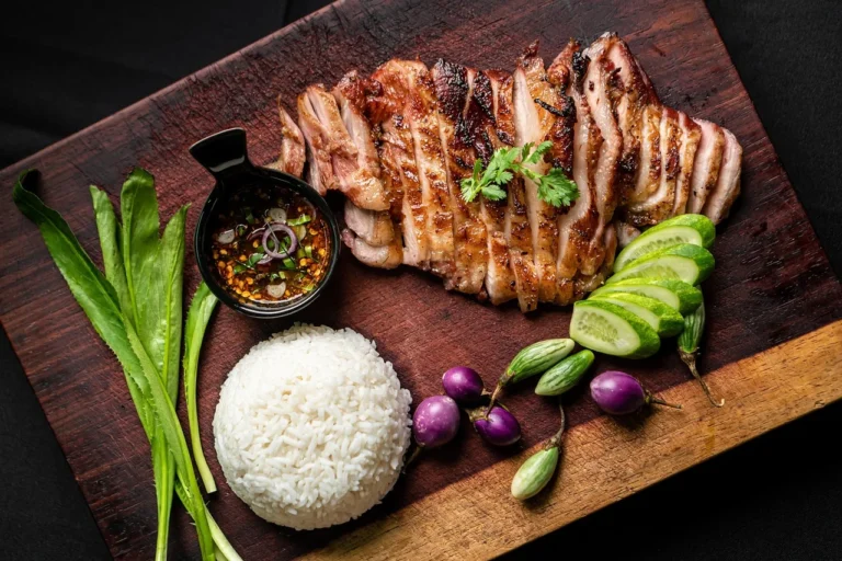 Cambodian Grilled Pork over Steamed Rice with Pickled Vegetables