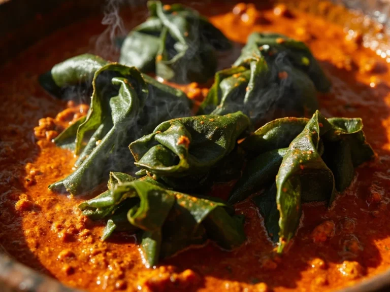 Cameroon Cocoyam Leaf Bundles in Spicy Palm Oil Stew