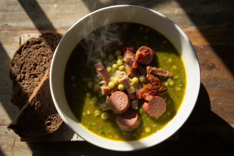 Dutch erwtensoep thick green split pea soup with sausage