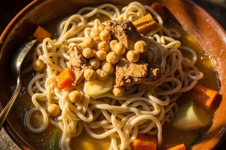 Algerian rechta hand-pulled flat noodles with chickpeas
