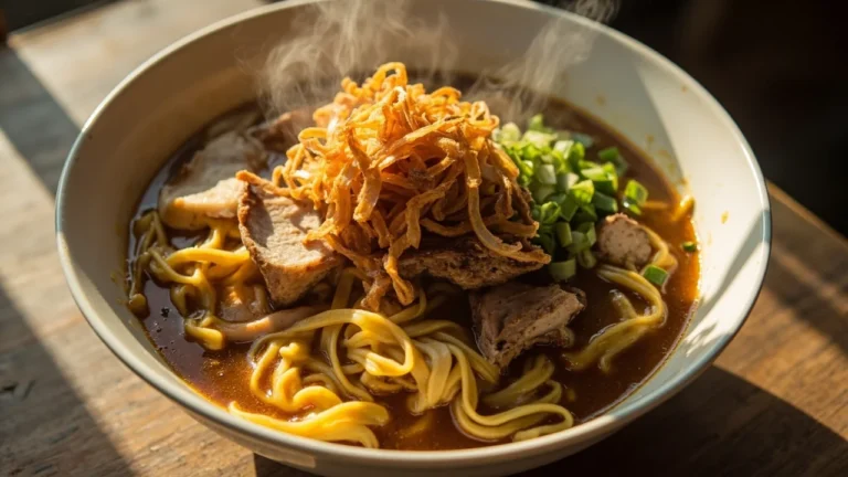 Filipino Batangas-Style Thick Egg Noodle Soup with Pork and Seafood