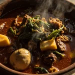 Jamaican pepperpot soup with greens and meat