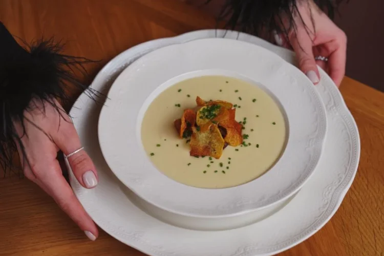 Polish Vegetarian Sour Rye Soup with Egg and Wild Mushrooms