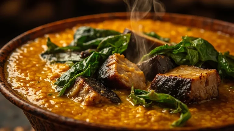 Sierra Leonean Egusi Soup with Smoked Fish and Greens