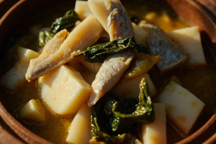 Papua Cassava Stew with Mackerel and Coconut Greens