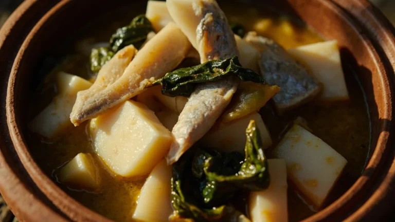 Papua Cassava Stew with Mackerel and Coconut Greens