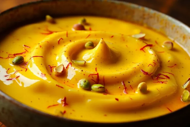 Classic Gujarati Strained Yogurt Dessert with Saffron and Cardamom