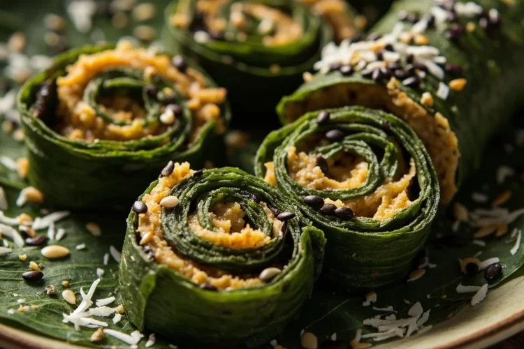 Gujarati Colocasia Leaf Rolls with Spiced Gram Flour