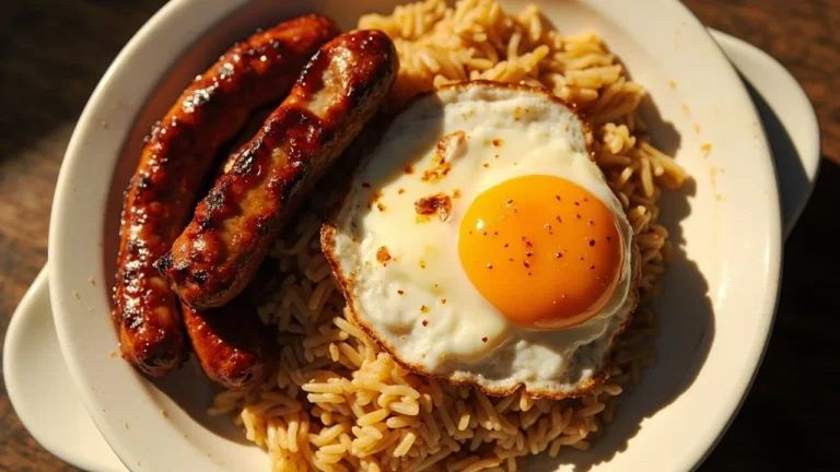 Filipino Sweet Longanisa Breakfast Plate with Garlic Rice and Crispy Egg