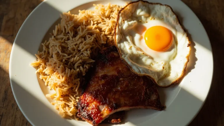 Filipino Sweet Cured Pork Breakfast Plate with Garlic Rice and Sunny-Side-Up Egg