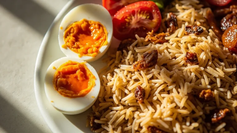 Filipino Salted Duck Egg with Garlic Rice and Sautéed Tomatoes