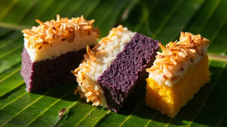 Filipino Layered Sticky Rice Cake with Coconut and Ube