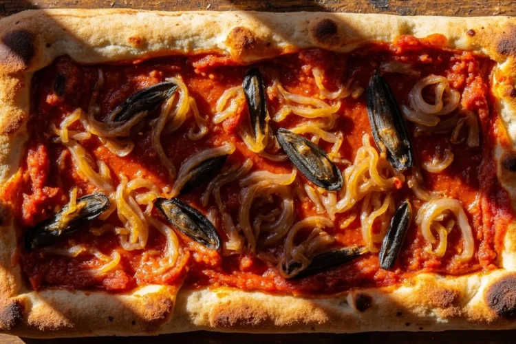 Sicilian-Style Thick Pizza with Tomato, Onions, and Anchovies