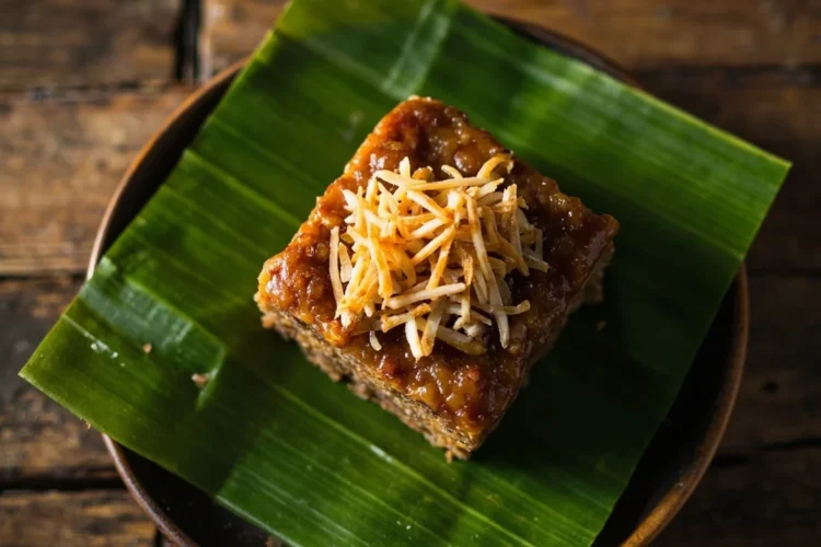 Filipino Muscovado Coconut Sticky Rice Cake with Crispy Coconut Curds