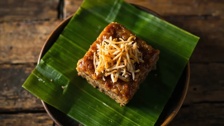 Filipino Muscovado Coconut Sticky Rice Cake with Crispy Coconut Curds