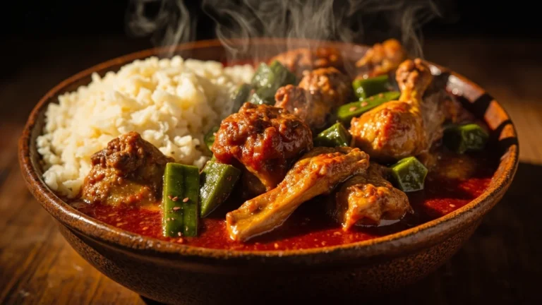 Angolan Chicken and Okra Palm Oil Stew with Cassava Porridge