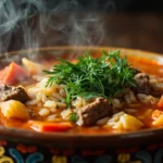 Uzbek Rice and Tomato Meat Soup