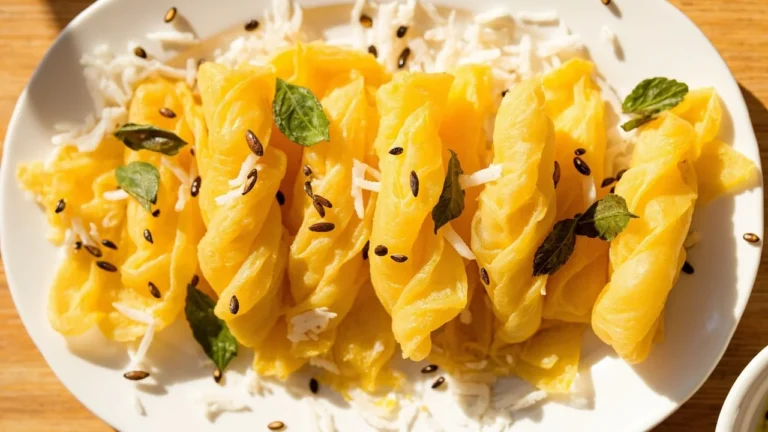 Gujarati Rolled Chickpea Flour Snack with Mustard Tempering