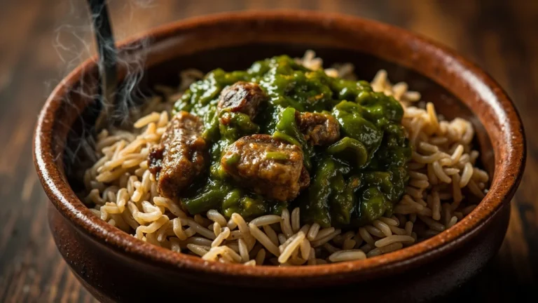 Nigerian Brown Rice with Spicy Green Pepper Stew