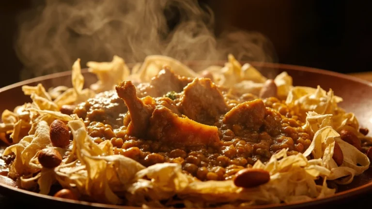 Classic Moroccan Chicken Fenugreek Stew over Shredded Flatbread